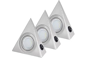 MENAYODA Lot de 3 lampes LED encastrées triangulaires avec interrupteur, en acier inoxydable, triangulaire, sous armoire, pour entrée, armoire, armoire à vin, bibliothèque