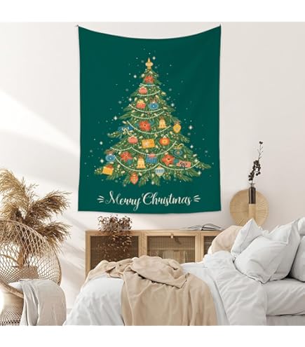 KUSO - Tapisserie Noël Sapin Avec Guirlande LED étoiles - 150x200 Cm - Décoration Murale, Photo, Fête - Polyester, Lavable