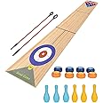 JstFrU Shuffleboard, Curling and Bowling 3 in 1 Board Game Set,with 11.7 Foot Game Mat,2 Cues,8 Curling Rocks,6 Bowling Pins,Fun Family Game
