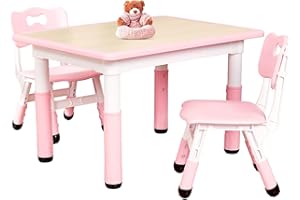 FUNLIO Table pour Enfant avec 2 Chaises, Table et Chaise Réglable en Hauteur pour Les 3 à 8 Ans pour la Maison, Dessin Facile à Nettoyer, Approuvé CPC et CE (3 Pièces)-Rectangle-Rose