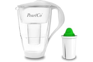 PearlCo - Filtro per Acqua in Vetro (Bianco) con 1 Cartuccia filtrante Alkaline Classic - Adatto per Brita Classic