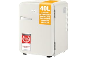 TZS First Austria - Retro Mini Kühlschrank 40L lautlos - Kleiner Minikühlschrank im Vintage-Design mit Innenbeleuchtung & 2 Türfächern - Minibar für Camping, Büro, Schlafzimmer & Hotel - Cremefarben