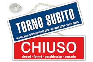 POLITARGHE Maxi Cartello CHIUSO e TORNO SUBITO negozio vetrina studio laboratorio officina bottega (rosso/blu)