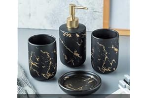 FülleMore 4-teiliges Keramik Bad-Zubehörset Marmor Optik Badaccessoires 300ml Seifenspender,Seifenschale, Zahnbürstenhalter/Zahnputzbecher Badezimmer Set (Schwarz)