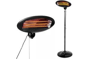 SBZ 2KW Free Standing Adjustable Patio Heater, Water Resistant Indoor Outdoor Garden Electric Heater, 3 Power Settings, Tilting Head, Height Stand, 2000W, IP34 Rated