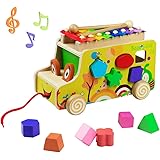 Xylophone Enfant Jouet en Bois Bus Jouet Enfant 3 an de Formes à Tirer et à Empile en Bois avec Animaux Blocs Jouet Xylophone