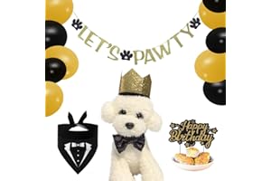 EASY JOY Pattepoint 15 Pezzi Compleanno del cane set di decorazioni di partito d'oro nero, papillon, cappello corona d'oro, bandana modello di vestito, palloncini per il compleanno dei cani