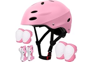 SAMIT Knieschoner Kinder 7 in 1 Set mit Skaterhelm, Inliner Schützer für Kinder Verstellbare Kinder Schutzausrüstung Set (5-12 Jahre) für Skateboard Rollschuhe Scooter Sport Hellrosa+Grau