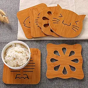 Skudgear 6 Pc Bamboo Wooden Table Placemat Heat Resistant Hot Pot Coasters | Cup Mat Tea Coaster Big Small Dining Table Accessories | Kitchen Accessories | Wedding Gift | Wooden Crockery | Dining Mats