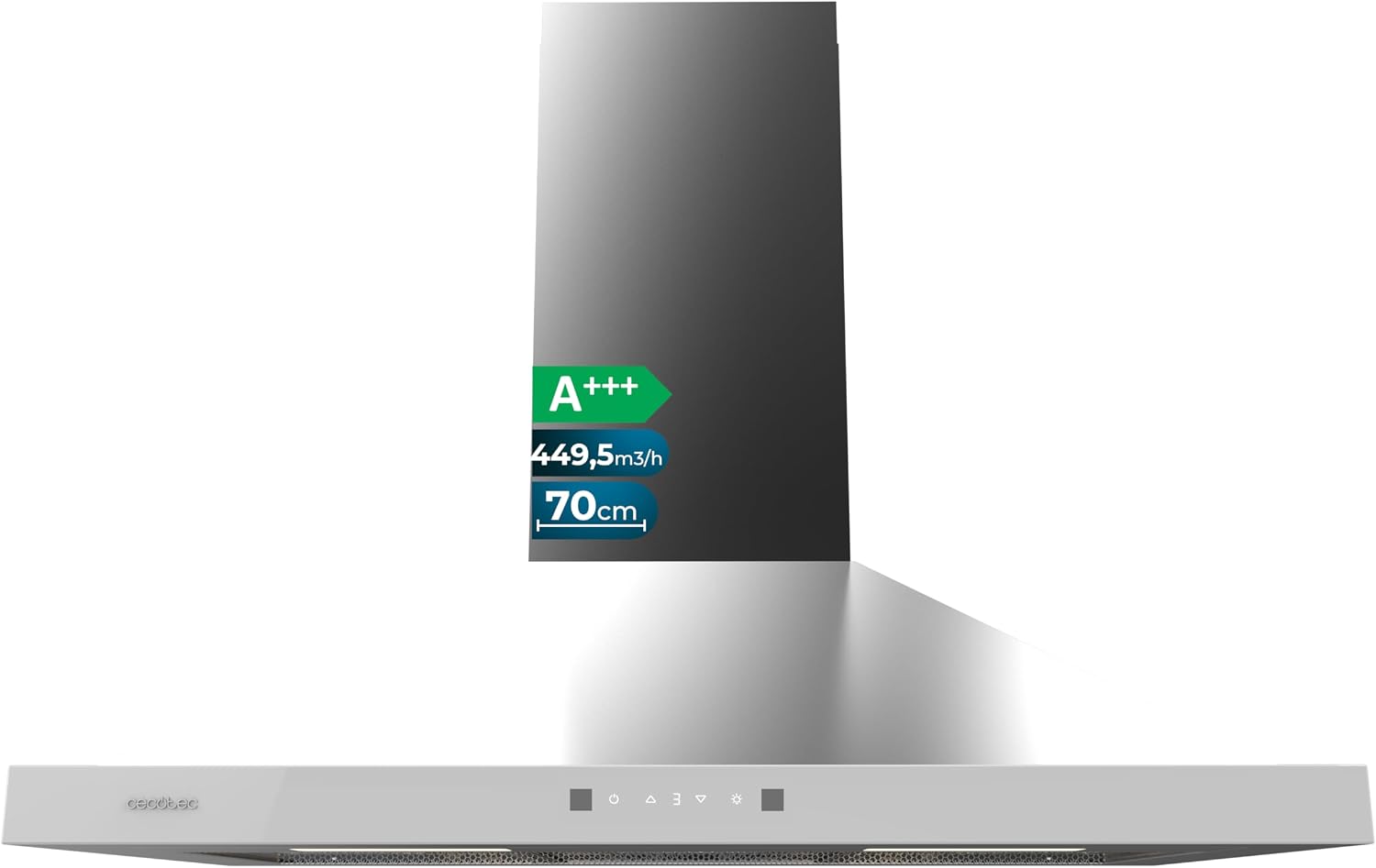 Cecotec Bolero Flux PT 704400 Stainless Steel A+++ Extractor Hood 70 cm Front Glass, Suction 449.5 m³/h, Invisible Touch Control, Booster Function, Washable Filters, Class A+++