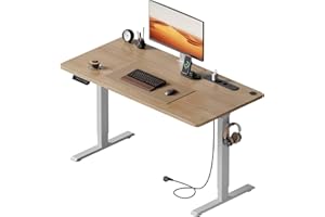 HLFURNIEU Escritorio Elevable Electrico 140 x 60 cm, Mesa Escritorio Elevable con Enchufes & Puertos USB, Mesa Regulable en Altura con 3 Control de Memoria, Standing Desk Color de La Madera