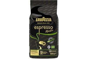 Lavazza, Espresso Maestro, Café En Grains, Avec Notes Aromatiques De Fruits Secs Et De Chocolat, 100% Biologique Et Certifié Rainforest Alliance, Intensité 9/10, Torréfaction Lente Et Douce, 1Kg
