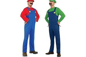 YUUGYD Super Brothers Cosplay Kostüme für Erwachsene Kinder, Halloween Carnival Cosplay Kostüm, Cosplay Kostüm mit Hut und Schnurrbart für Herren Damen Jungen Mädchen, Herren Rot, L