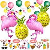  Decoración de Fiesta en La Playa Hawaiana,Verano Tropical MMTX Fiesta Temática de Luau en Hawaii Con Globos de Helio Flamingo Pinea, Photo Booth, Garland Bunting Banner y Paquete de Globos Látex en 56