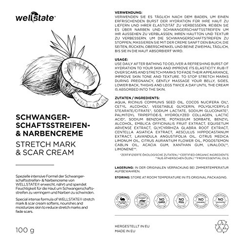 Schwangerschaftsstreifen und Narbencreme, 100 g – Die beste Hautkur für Feuchtigkeits- uns Narbenbehandlung mit Castor & Kokosöl – Körpercreme & Belly Butter – Reparieren und stärken Sie Ihre Haut während und nach der Schwangerschaft – 100% Organische Formel von Wellstate - 6
