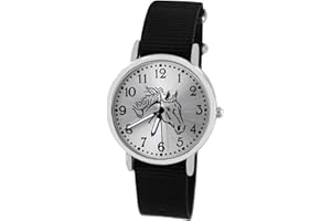 Pacific Time Montre-bracelet analogique à quartz pour fille et garçon Motif chevaux Noir