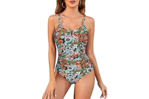 JASAMBAC Women's One Piece Tummy Control Swimwear Vintage Swimming Costumes V-Wired &Floral Swimsuit Soft Elastic Bathing Suits Padded Monokinis With Adjustable Shoulder Strap For Beach,Sunbathing,Pool