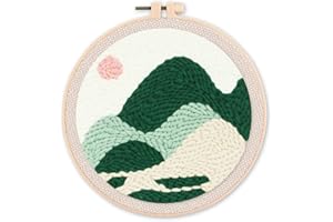 Figured'Art Punch Needle Kit Complet pour Adultes et Enfants - Dégradé de Montagnes - Parfait pour Débutant. Set prêt à broder taille 20x20cm avec cadre circulaire