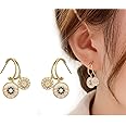 HPKJUYDS Natural Shell Zircon Earrings, 14k Gold Plated Fashion Zircon Double Geometric Circle Drop Earrings, Piercing Hypoallergenic Ear Cuff, Boho Ear Ringing Jewelry for Women Girls