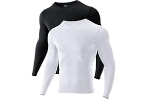 Niksa Men's Compression Long Sleeve T Shirt Muscle Fit Gym Top, 1 or 2 Packs Breathable Quick Dry Base Layer for Running Training Cycling Work, Slim Crew Neck Active Wear Clothes