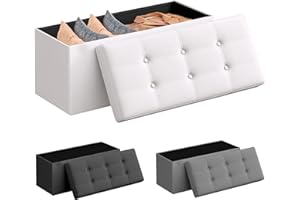 JUPPLIES Puff de Almacenaje 80 L, 76 x 38 x 38 cm - Baúl de Almacenamiento con Tapizado PVC, Plegable y Acolchado - Banco con Tapa Soporta 300 kg para Dormitorio, Salón o Vestidor - Blanco