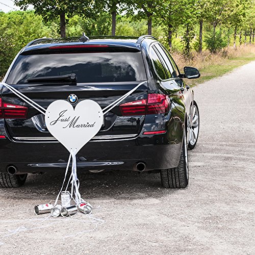 Autoschmuck „Herz mit Blechdosen“ – romantische Autodeko für die Hochzeit mit Aufschrift „Just Married“ … - 3