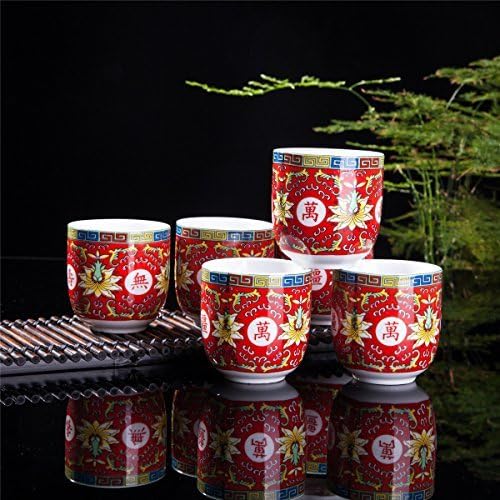 Set Of 6 Eastern Asian Design Ceramic Tea Cups In Red Longevity Symbol - 8 OZ Capacity Each by THY COLLECTIBLES