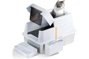 FRETONBA Kuweta dla Kota ze Stali Nierdzewnej XXL Flip Top, Toaleta dla Kota o Dużej Pojemności 26 L, łatwa do Czyszczenia, Kuweta dla Kota z Pokrywką, Pedałem, Szufelką, Biały