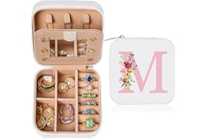 hamatata Joyero con Nombre Inicial M joyero Pequeña Portátil Joyero Viaje con Espejo Mini Joyero Personalizado Organizador de Joyas para Mujer Niña Regalo de Cumpleaños Día de la Madre Navidad Blanco