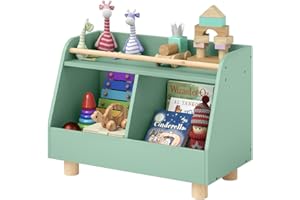 ‎BELLABINO Bellabino Belly Bücherregal Kinder – Kinderregal mit 2 Fächern – Montessori Spielzeugregal mit Ablagefläche – Spielzeug Aufbewahrung Kinder Mintgrün/Natur – Kinderzimmer Möbel aus Holz 52x38x72 cm