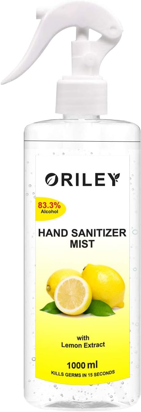 ORILEY Instant Hand Sanitizer Mist with Lemon Extract 83.3% Ethyl Alcohol Spray-based Liquid Rinse-free Germ Protection Palm Handrub (1000ml)