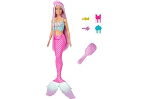 Barbie Syrenka Lalka Długie włosy (pastelowy róż, prawie 18 cm długości) + kolorowe akcesoria do stylizacji, takie jak opaska i spinki do włosów, HRR00