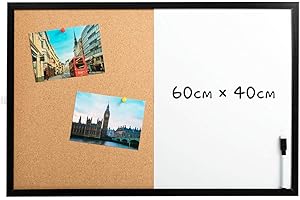 DOEWORKS 60 x 40cm Tableau Mixte Tableau Blanc Magnétique & Tableau en Liège, Tableaux d'affichage Mural à Suspendre avec Cadre en Bois Noir