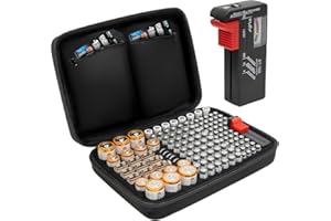 Tanness 140 Battery Case With Tester | Large Capacity Organiser Storage Case Bag for AAA, AA, 9V Flat, C and D Size Batteries (Not Included)