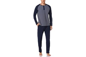 Migcaput Pijama Hombre con Camiseta Manga Larga y Pantalón, Invierno Conjunto de Pijama de algodón para Hombre | Cintura elástica y cordón