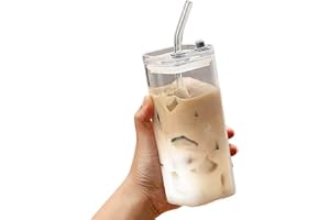Générique Gobelets en Verre Transparent avec Couvercles et Pailles Verres à Boire Carrés de 400 ML Tasse à Boire Portable Résistante à La Température pour Jus, Boissons Froides, Café Glacé (A)
