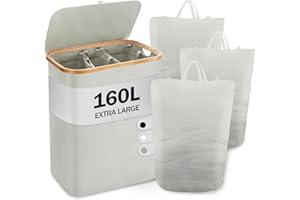 YOUDENOVA Kosz na pranie z pokrywką, 3 przegrody, 160 l, wąski, z 3 workami na pranie, duży, składany, drewno bambusowe, skrzynia na pranie, szary