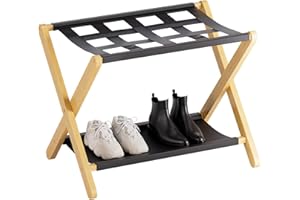 HITNET Portapacchi in Bambù, Supporto per valigia pieghevole a 5 cinghie con ripiano portaoggetti, Portapacchi per impieghi gravosi per la camera degli ospiti, Salvaspazio, Naturale