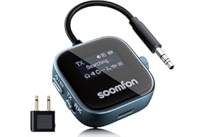 SOOMFON Transmisor Receptor Bluetooth 5.3, 2 en 1 Adaptador Bluetooth Jack 3.5 Baja Latencia & HD, Esmisor Audio Doble Conexión con Pantalla LCD, Receptor para TV/Avión/Coche/Auriculares/Altavoces
