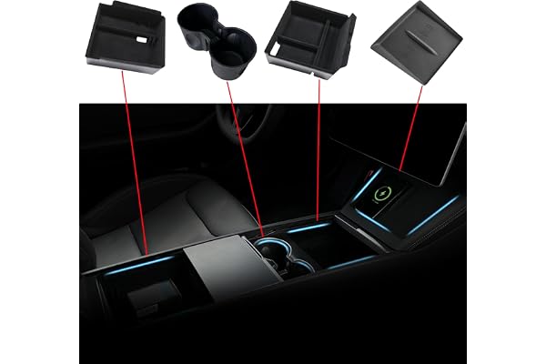 TOPABYTE Organizer pour Console Centrale pour Tesla Model Y Juniper Model 3 Highland 2025 2024 Boîte de Rangement Accoudoir Tapis Sans Fil de Commande Centrale et Porte-gobelet (Lot de 4)