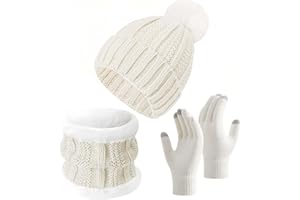 BDYLYS Winter Beanie Hat Scarf and Gloves Set Ladies, Touchscreen Gloves & Circle Scarf Set, Fleece Lined Neck Warmer for Men & Women, Warm Knit Skull Cap for Cold Weather