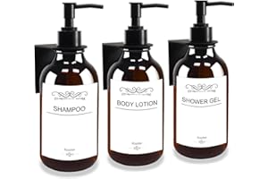 Roselee Juego de 3 dispensadores de jabón de pared de 300 ml, dispensador de jabón para pared, dispensador de jabón marrón, sin agujeros, dispensador de bomba de plástico con embudo y etiquetas