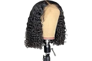 SUPYINI Krótkie włosy Bob 100% peruwiańskie ze ludzkie włosy bezszczotkowe koronkowe z przodu z wcześniej wyprostowanymi włosami Wybielone węzły Curly Bob Wig dla kobiet, 150% gęstości (14