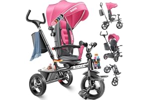 KIDIZ® Dreirad 6in1 Kinderdreirad mit Schubstange Lenkbar ab 9 Monaten bis 25Kg Jogger vorwärts & Rückwärtsfahrt, Korb Tasche Getränkehalter Sonnendach Gummiräder Buggy Fahrrad Baby Klappbar Rosa