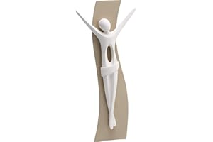 MAZZOLA LUCE Crocifisso Design Moderno da Parete o Tavolo 24x13 cm Cristo Stilizzato in Gesso Bianco Base Legno Nocciola Made in Italy Elevata qualità