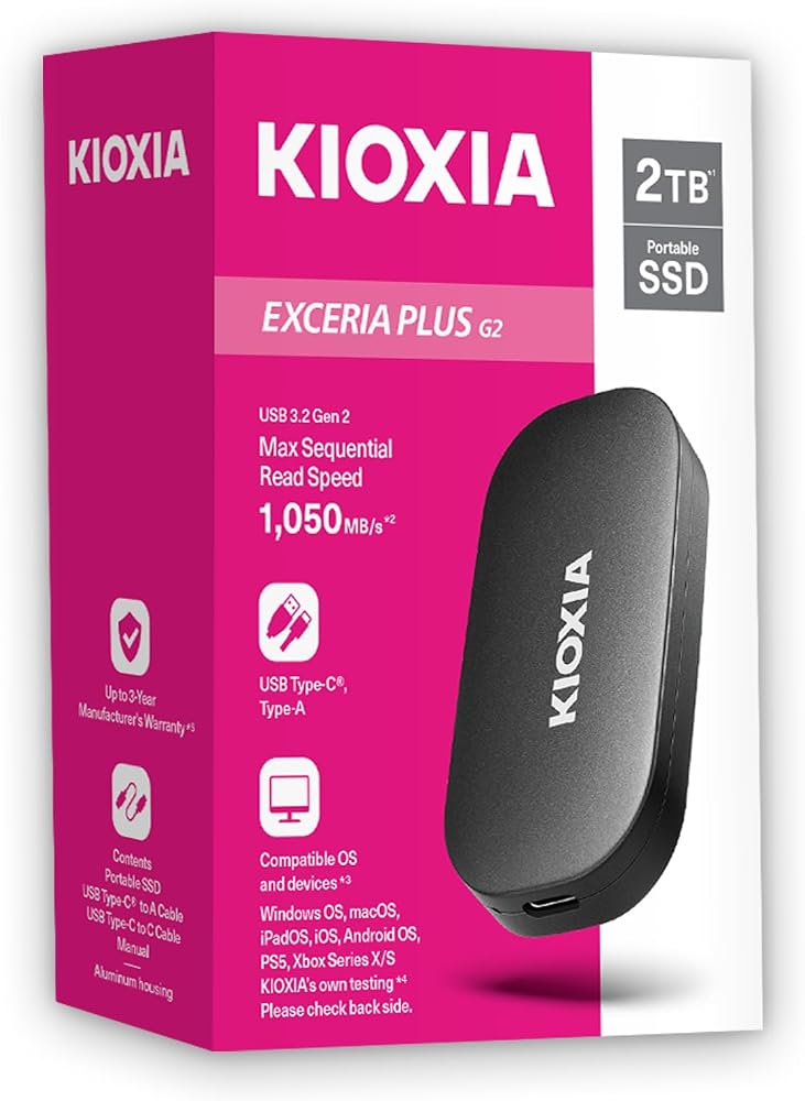 KIOXIA EXCERIA PLUS G2 2TB Taşınabilir SSD – USB 3.2 Gen 2, 1050MB/s Okuma, 1000MB/s Yazma