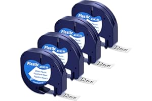 Unistar – Cinta de Etiquetas Compatible para Usar en Lugar de Dymo Letratag Cinta Etiquetas plastic 12mm x 4m Negro sobre Blanco para Dymo LetraTag LT-100H LT-100T LT-110T, 4-Pack