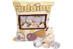 HXPLN Chat Oreiller en Peluche, Jouet Amovible, Pudding Chat Oreiller, Sac avec Peluche de Chat, Mignon Cadeau de décoration de Chat pour Les Adolescents, Les Filles, Les Enfants (8 Chatons Jaunes)