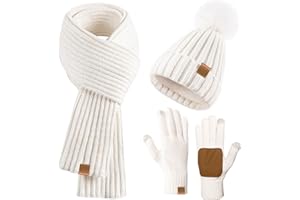 GOSHIES Damen Mütze Schal Winter Set Beanie Mütze Damen Winter mit Bommel Fleece Gefütterte Mütze, Schal & Handschuh-Sets, Touchscreen Handschuhe