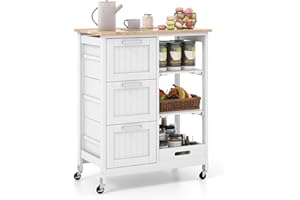 COSTWAY Wózek Kuchenny z Tacą, 2 Poziomy, 3 Duże Szuflady, Regał Magazynowy, Wyspa Kuchenna z Drewna Kauczukowego i Sosnowego 67x37x82,5 cm, Łatwy Montaż i Mobilny